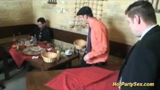 Brunette gets a bukkake, Facial ejaculation on the face